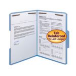 The Smead Fastener File Folder (12040) in blue, holds letter-size documents with charts and text, secured by 2 top fasteners. A sticker on the reinforced 1/3-cut tab reads Tab Reinforced To Last Longer.