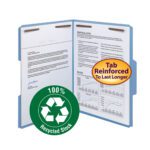 The Smead 100% Recycled Fastener File Folder in blue features a 100% Recycled Stock emblem and a Reinforced To Last Longer yellow tab, perfect for organizing documents. Contains 2 fasteners, with a reinforced 1/3-cut tab for durability. Comes in letter size with 50 per box (12041).