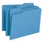 Four Smead File Folders in blue, made of sturdy cardstock and featuring visible tabs at the top, are arranged in a staggered stack. These Letter Size 1/3-Cut Tab folders (12043) come 100 per box and are perfect for efficient document organization.