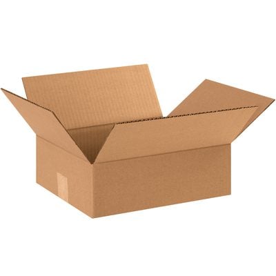 12104.jpg An open brown 12 x 10 x 4-inch MH-USA flat corrugated box with raised flaps is set against a white background. The empty box shows its texture, ideal for shipping, available in a bundle of 25.