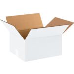 The MH-USA 12 x 10 x 6 white corrugated box, sold in bundles of 25, has flaps extended to showcase its brown interior on a white background, highlighting its sturdy exterior for secure packaging.