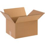 A brown MH-USA 12 x 10 x 7 corrugated box, flaps open, rests on a white background. This empty box is available in bundles of 25 and includes a tape strip at the bottom edge.