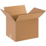 An open MH-USA 12 x 10 x 9 corrugated box with outward flaps. The plain brown cardboard box is empty against a white background.