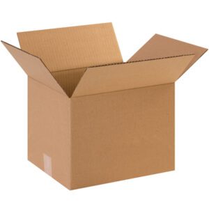 An open MH-USA 12 x 10 x 9 corrugated box with outward flaps. The plain brown cardboard box is empty against a white background.