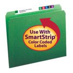 The Smead File Folder (12110) is green with reinforced straight-cut tabs numbered 6, 8, 1, 9, and 5. It has a large yellow and red label saying Use With SmartStrip Color Coded Labels and displays Acherman, John & Mary along with their address. Comes in boxes of 100.
