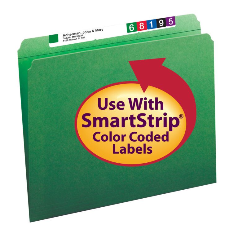 The Smead File Folder (12110) is green with reinforced straight-cut tabs numbered 6, 8, 1, 9, and 5. It has a large yellow and red label saying Use With SmartStrip Color Coded Labels and displays Acherman, John & Mary along with their address. Comes in boxes of 100.