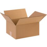 An upright open MH-USA 12 x 11 x 6 corrugated box from a bundle of 25 stands against a white background, showcasing its durability and simplicity.