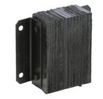 This close-up highlights the textured rubber surface of the Vestil Laminated Dock Bumper 12 x 12 x 4.5 inches, securely mounted on a metal bracket with dual holes, designed for optimal impact absorption.