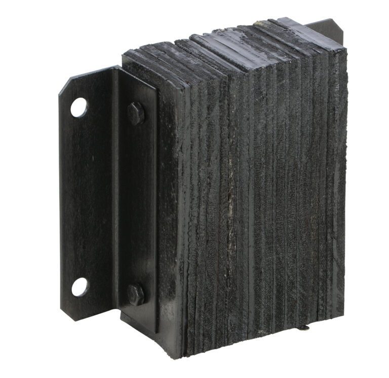 1212-4.5_A.jpg This close-up highlights the textured rubber surface of the Vestil Laminated Dock Bumper 12 x 12 x 4.5 inches, securely mounted on a metal bracket with dual holes, designed for optimal impact absorption.