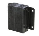 The Vestil Laminated Dock Bumper 12 x 12 x 4.5 inches boasts a textured industrial rubber design mounted on a black metal bracket with two bolt holes, featuring layered segments to absorb impact and protect surfaces effectively.