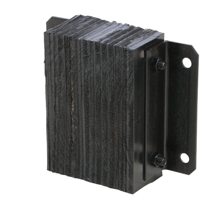 The Vestil Laminated Dock Bumper 12 x 12 x 4.5 inches boasts a textured industrial rubber design mounted on a black metal bracket with two bolt holes, featuring layered segments to absorb impact and protect surfaces effectively.