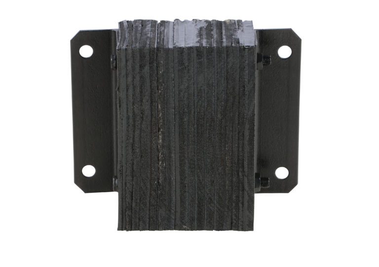 Close-up of a black rubber Vestil Laminated Dock Bumper, 12 x 12 x 4.5 inches, with corrugated surface and metal mounting plates featuring screw holes, isolated on white background.