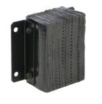 The Vestil Laminated Dock Bumper 12 X 12 X 6 In is designed for impact absorption with a stacked rubber structure, metal brackets, and bolts. It showcases compressed layers for texture and thickness, complemented by a bracket featuring two mounting holes.