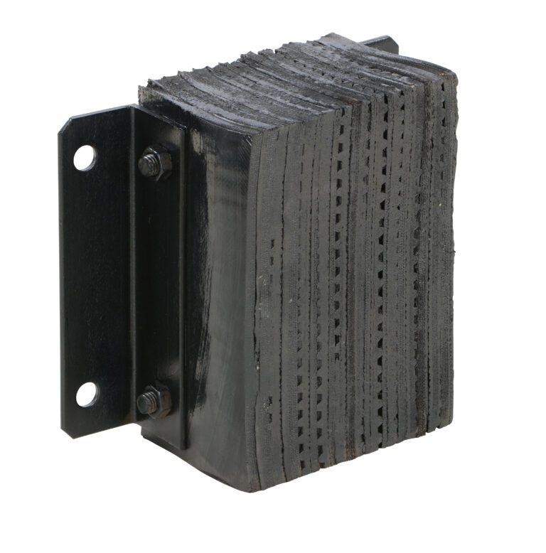 1212-6_A.jpg The Vestil Laminated Dock Bumper 12 X 12 X 6 In is designed for impact absorption with a stacked rubber structure, metal brackets, and bolts. It showcases compressed layers for texture and thickness, complemented by a bracket featuring two mounting holes.