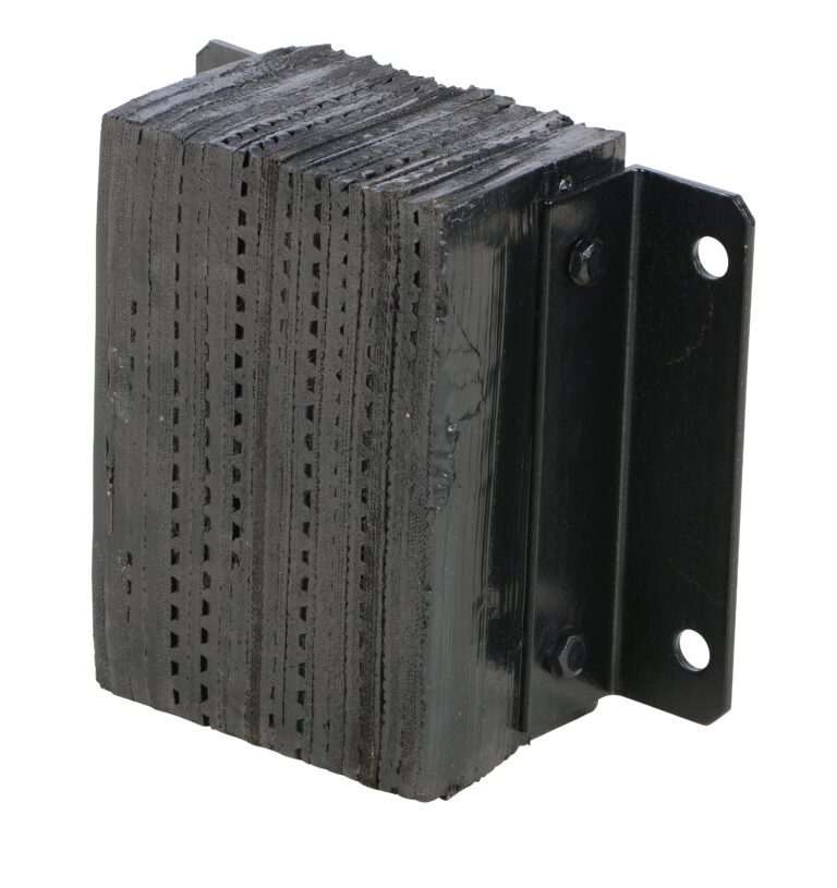 The Vestil Laminated Dock Bumper 12 X 12 X 6 In features black ribbed rubber pads mounted on a metal bracket with two holes for attachment, designed to absorb impact or act as a bumper with layered rectangular pads.