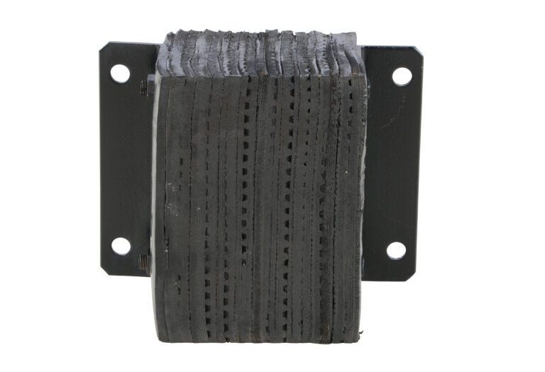 A black rubber vehicle part, similar to the Vestil Laminated Dock Bumper 12 X 12 X 6 In, has a layered design on a metal bracket with four mounting holes and a textured surface for enhanced durability.