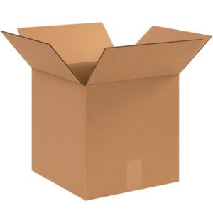 A plain MH-USA 12 x 12 x 12 corrugated box with open top flaps is shown against a white background.