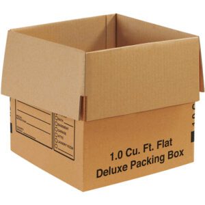 Open brown cardboard box labeled 1.0 Cu. Ft. Flat Deluxe Packing Box with checkboxes for identifying contents such as CLOSET, BEDROOM, and KITCHEN. Flaps are unfolded; product: MH-USA 12 x 12 x 12 Deluxe Packing Boxes (25/Bundle).