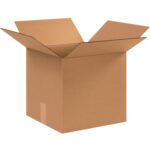 A large, open MH-USA 12 1/2 x 12 1/2 x 12 corrugated box with flaps extended outwards stands tall. With its robust brown exterior, this box from a bundle of 25 ensures durability and style against a plain white background, ready for your packing needs.
