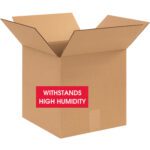 A cardboard box with open flaps features a red WITHSTANDS HIGH HUMIDITY label. The MH-USA 12 x 12 x 12 V3c weather-resistant corrugated boxes are ideal for tough conditions and come in bundles of 20.