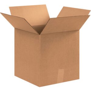 An empty MH-USA 12 3/4 x 12 3/4 x 13 1/2 corrugated box from a bundle of 25 sits open with its flaps extended against a plain white background.
