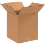 An MH-USA 12 x 12 x 14 Corrugated Box, with open top flaps, stands upright against a white background.