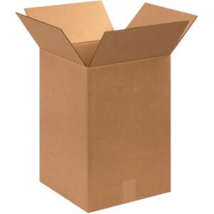 An MH-USA 12 x 12 x 18 corrugated box from the 25/Bundle set stands upright with flaps bent outward against a white background, highlighting its sturdy design.