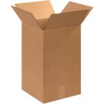 Against a plain white background, a tall MH-USA 12 x 12 x 20 corrugated box from the 25-piece bundle is displayed empty, with its outward-folded flaps and a taped seam at the bottom.