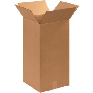 An upright cardboard box, labeled MH-USA 12 x 12 x 24 Tall Corrugated Boxes (25/Bundle), stands with its flaps open, revealing a spacious interior against a white background.