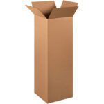 A MH-USA 12 x 12 x 36 Tall Corrugated Box stands upright on a white background, its flaps partially open and ready for packing.