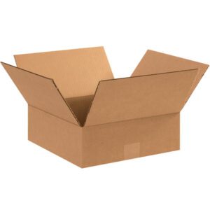 An open MH-USA 12 x 12 x 4 flat corrugated box with extended flaps, from a bundle of 25, is set against a white background.