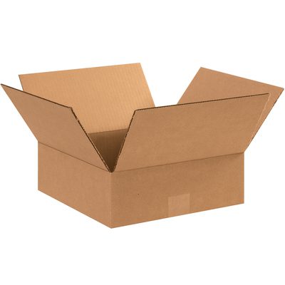 12124.jpg An open MH-USA 12 x 12 x 4 flat corrugated box with extended flaps, from a bundle of 25, is set against a white background.