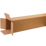 The MH-USA 12 x 12 x 52 tall corrugated box is a long, rectangular brown cardboard box with one end open and empty, ideal for packing or shipping elongated items. Available in bundles of 15.