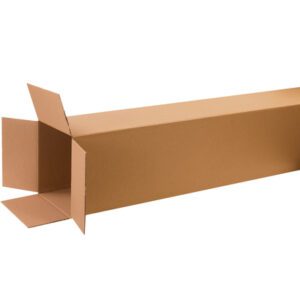 The MH-USA 12 x 12 x 52 tall corrugated box is a long, rectangular brown cardboard box with one end open and empty, ideal for packing or shipping elongated items. Available in bundles of 15.