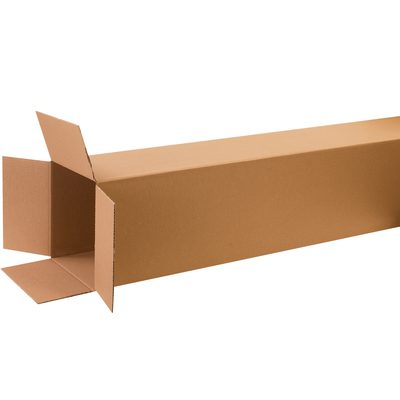 121260.jpg A long MH-USA 12 x 12 x 60 tall corrugated box, featuring open flaps at one end, is positioned diagonally on a white background.