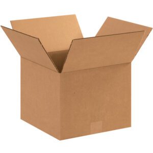 The open MH-USA 12 x 12 x 9 corrugated box, with flaps extended outward on a plain white background, reveals its sturdy design ideal for shipping.