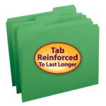 Get organized with Smead File Folder, Reinforced 1/3-Cut Tab, Letter Size, Green (12134). Features reinforced tabs for durability and a yellow oval on the front with Tab Reinforced To Last Longer in purple. Perfect for efficient document management. Comes in a box of 100.