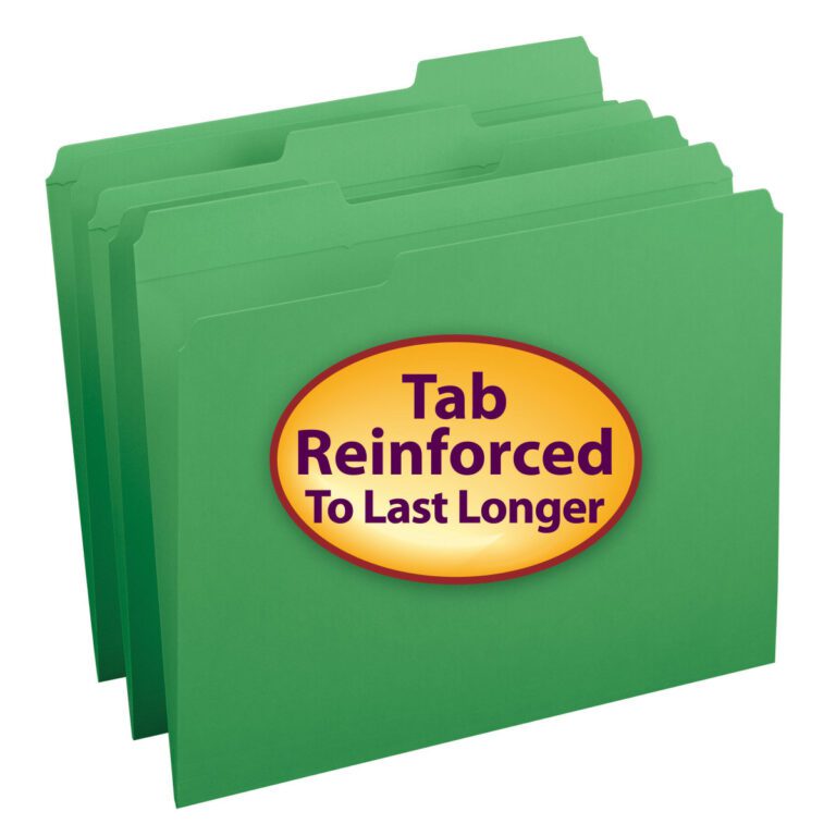 Get organized with Smead File Folder, Reinforced 1/3-Cut Tab, Letter Size, Green (12134). Features reinforced tabs for durability and a yellow oval on the front with Tab Reinforced To Last Longer in purple. Perfect for efficient document management. Comes in a box of 100.