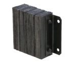 The Vestil Laminated Dock Bumper, 12 x 14 x 4.5 inches, features a dark brown rectangular rubber design with a textured surface and includes a side bracket with two mounting holes secured by bolts. Its isolated on a white background.