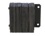 A black, rectangular wooden fence post with parallel grooves is mounted on a sturdy metal bracket similar to the reliable Vestil Laminated Dock Bumper 12 X 14 X 4.5In. The bracket has two visible holes for fastening, and the post appears textured and weathered.