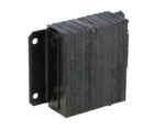 The Vestil Laminated Dock Bumper, 12x14x4.5 in, is a black rectangular rubber block with vertical grooves, mounted on a black metal bracket featuring two bolt holes. It has a rough texture and stands upright against a plain white background.