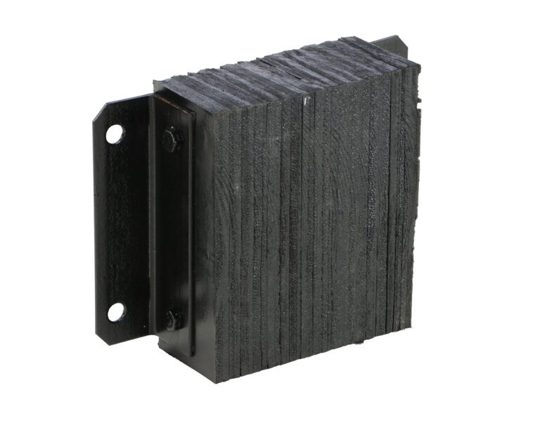1214-4.5_A.jpg The Vestil Laminated Dock Bumper, 12x14x4.5 in, is a black rectangular rubber block with vertical grooves, mounted on a black metal bracket featuring two bolt holes. It has a rough texture and stands upright against a plain white background.
