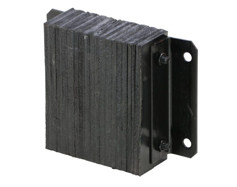 The Vestil Laminated Dock Bumper (12 x 14 x 4.5 in) is a black rubber bumper with a metal bracket, designed for impact absorption. It features a ribbed surface and mounts securely to a perforated metal plate.