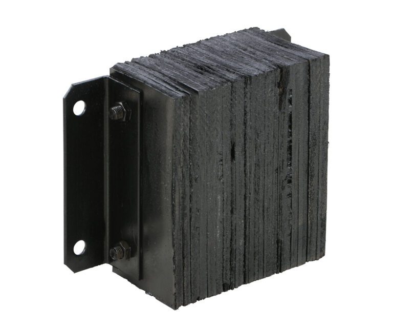 1214-6_A.jpg The Vestil Laminated Dock Bumper 12 X 14 X 6 In has a black rubber body with stacked layers mounted on a metal plate, featuring bolt holes for easy attachment. Its compressed design ensures durability, making it perfect for docking or loading areas.