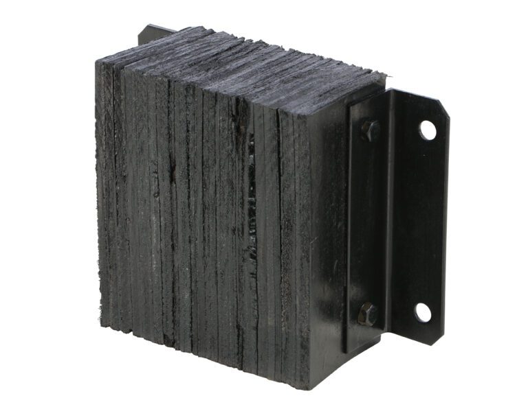 The Vestil Laminated Dock Bumper 12 X 14 X 6 in has a black textured rubber surface with sturdy layers and two-hole metal bracket mounting, built for tough environments.