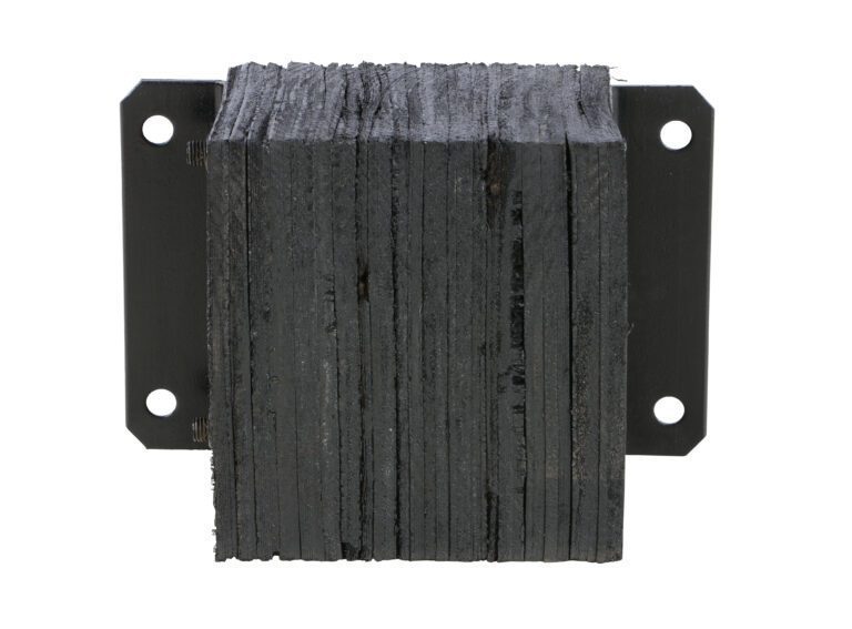 The Vestil Laminated Dock Bumper 12 X 14 X 6 In features a rugged design with charred, dark wooden planks fastened by black metal brackets and four circular mounting holes, giving the appearance of rough, burnt wood.