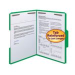 An open, vibrant green Smead Fastener File Folder (12140) showcases documents; the right side shows text and graphs with a Reinforced 1/3-Cut Tab To Last Longer label. A signed letter is on the left, held snugly by metal fasteners. Available in boxes of 50, letter size.