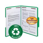 An open green Smead 100% Recycled Fastener File Folder displays documents, with a round 100% Recycled Stock emblem on the front and a yellow durability label on the reinforced 1/3-cut tab.