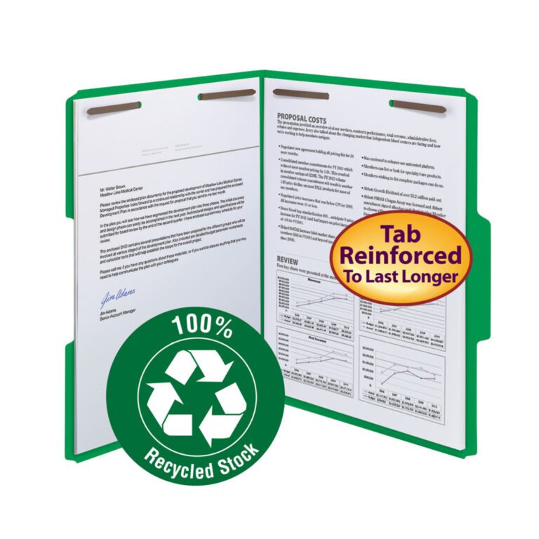 12141_C1eps.jpg An open green Smead 100% Recycled Fastener File Folder displays documents, with a round 100% Recycled Stock emblem on the front and a yellow durability label on the reinforced 1/3-cut tab.