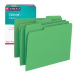 A set of green file folders with 1/3-cut tabs is in front of a box labeled Smead File Folder, 1/3-Cut Tab, Letter Size, Green, 100 per Box (12143).